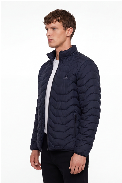 Erkek Lacivert Dar Kesim Slim Fit Dik Yaka Fermuarlı Mont