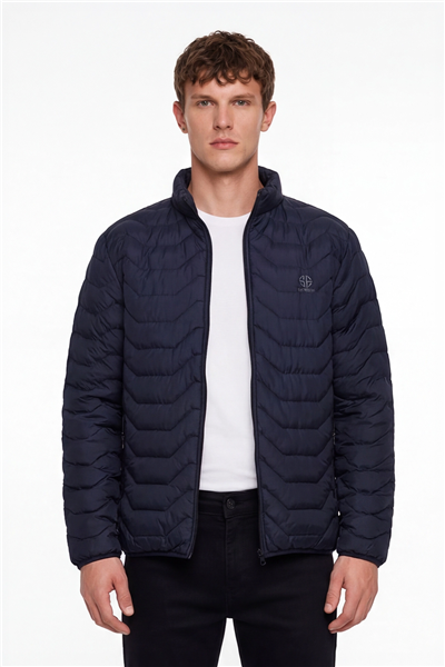 Erkek Lacivert Dar Kesim Slim Fit Dik Yaka Fermuarlı Mont
