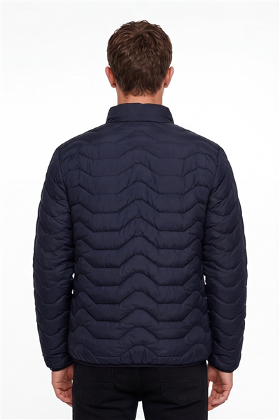 Erkek Lacivert Dar Kesim Slim Fit Dik Yaka Fermuarlı Mont