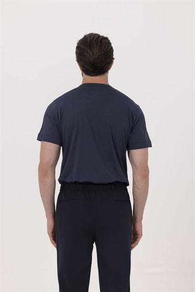 Lacivert Nakışlı %100 Pamuk Bisiklet Yaka Düz Renk Basic T-Shirt