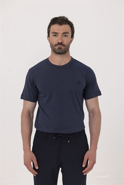 Lacivert Nakışlı %100 Pamuk Bisiklet Yaka Düz Renk Basic T-Shirt