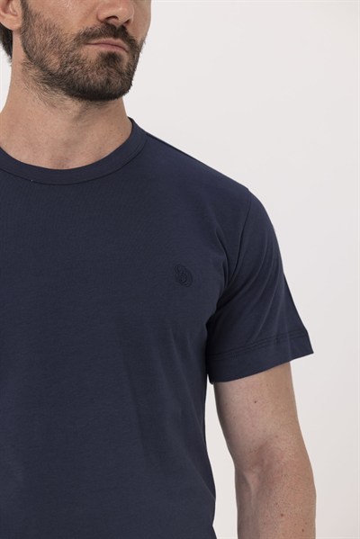 Lacivert Nakışlı %100 Pamuk Bisiklet Yaka Düz Renk Basic T-Shirt