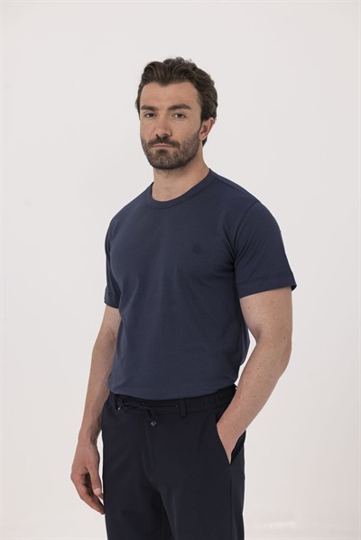 Lacivert Nakışlı %100 Pamuk Bisiklet Yaka Düz Renk Basic T-Shirt