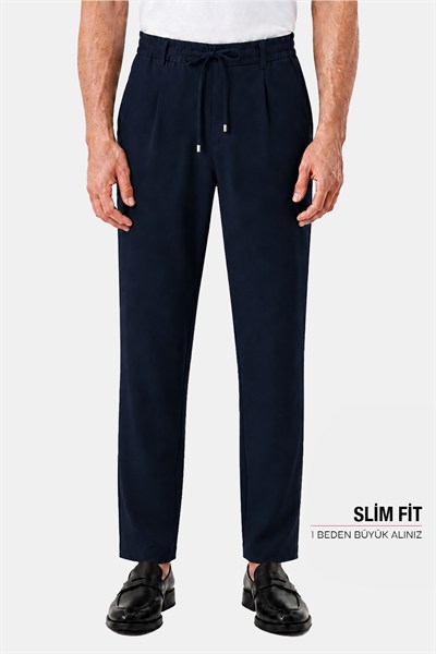 Lacivert Dokulu Arka Lastikli Köprü Kemerli Bağcıklı Slim Fit Jogger Pantolon