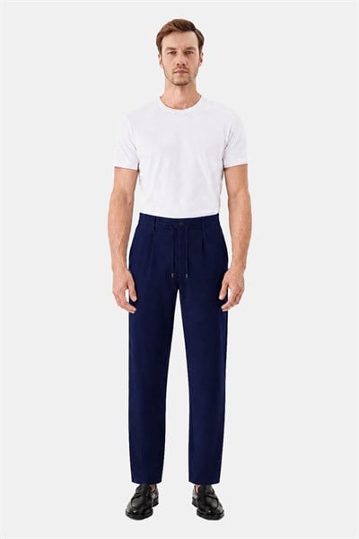 Lacivert Slim Fit Bel Bağcıklı Paraşüt Pantolon