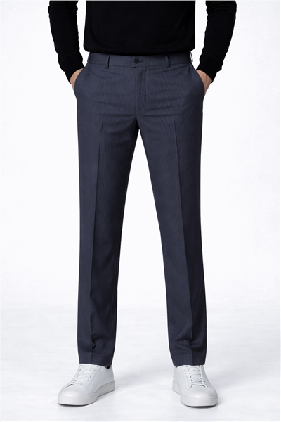 Erkek Lacivert Dar Kesim SlimFit Dokuma Çizgili Yan Cep Normal Bel Pantolon