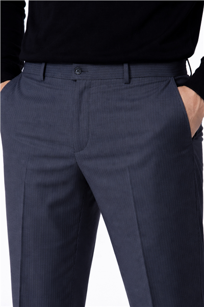 Erkek Lacivert Dar Kesim SlimFit Dokuma Çizgili Yan Cep Normal Bel Pantolon