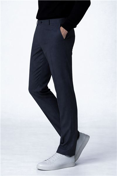 Erkek Lacivert Dar Kesim SlimFit Dokuma Çizgili Yan Cep Normal Bel Pantolon