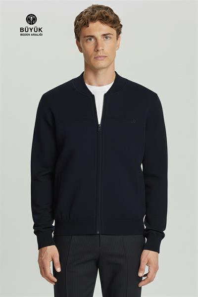 Lacivert Regular Fit Yünlü Pilot Yaka Astarlı Çelik Örme Erkek Triko Mont