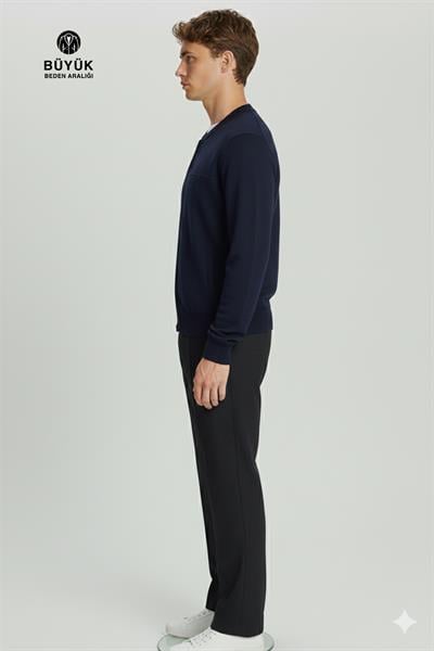 Lacivert Regular Fit Yünlü Pilot Yaka Astarlı Çelik Örme Erkek Triko Mont