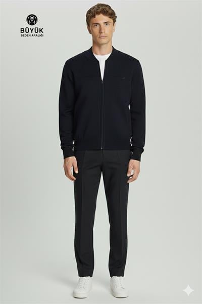 Lacivert Regular Fit Yünlü Pilot Yaka Astarlı Çelik Örme Erkek Triko Mont