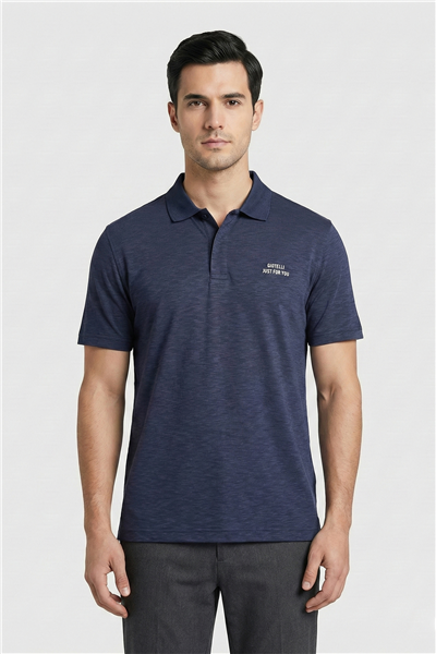 Giotelli Erkek Lacivert Dar Kesim Slim Fit %100 Pamuk Düğmeli Polo Yaka Tişört
