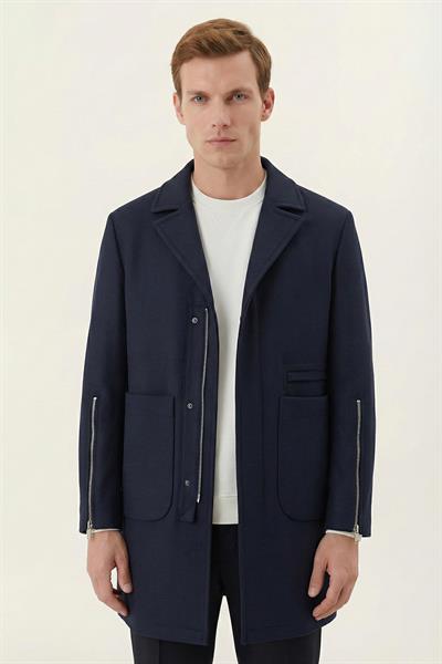 Giotelli Lacivert Regular Fit Yün Karışımlı Ceket Yaka Erkek Kaşe Kaban