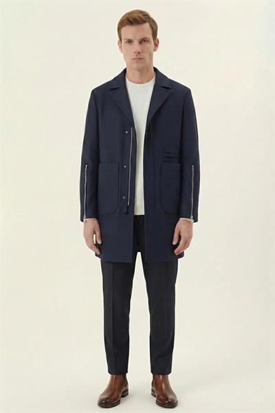 Giotelli Lacivert Regular Fit Yün Karışımlı Ceket Yaka Erkek Kaşe Kaban