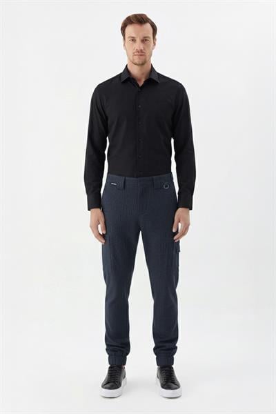 Giotelli Lacivert Regular Fit Çizgili Lastikli Fermuarlı Paça Yan Cepli Kargo Pantolon