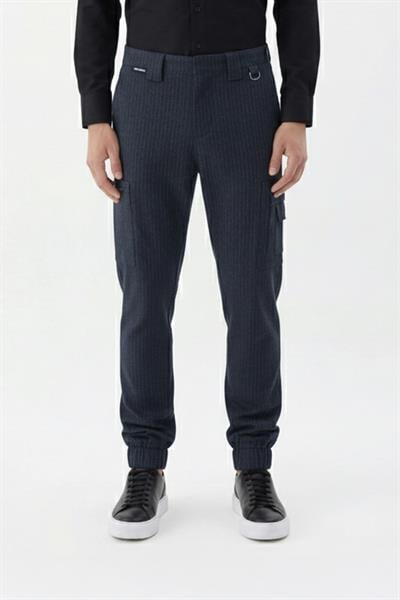 Giotelli Lacivert Regular Fit Çizgili Lastikli Fermuarlı Paça Yan Cepli Kargo Pantolon