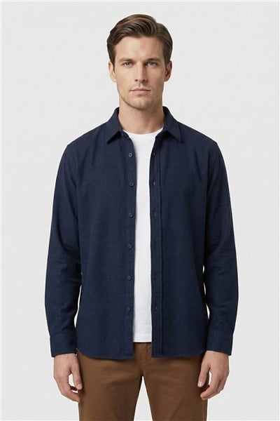 Lacivert Regular Fit Pamuklu Uzun Kollu Düz Polo Yaka Erkek Oduncu Gömlek