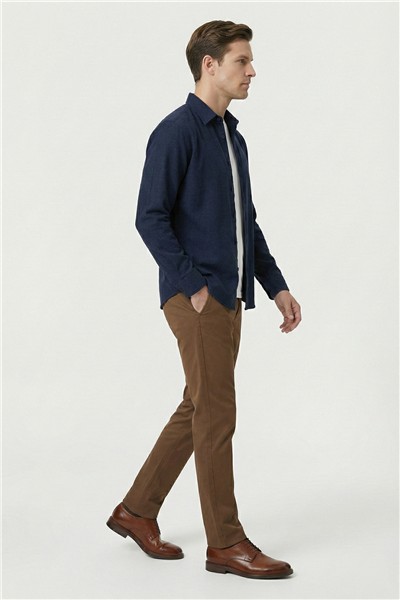 Lacivert Regular Fit Pamuklu Uzun Kollu Düz Polo Yaka Erkek Oduncu Gömlek
