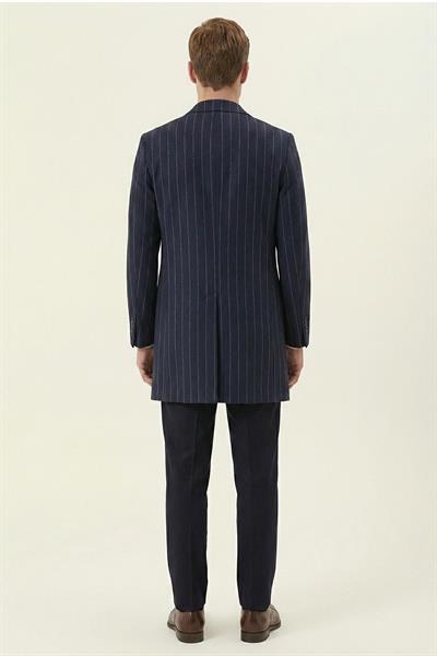 Giotelli Lacivert Regular Fit Yün Karışımlı Mono Yaka Çizgili Kaşe Kaban