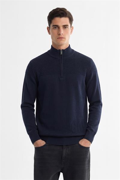 Giotelli Erkek Lacivert Normal Kesim Regular Fit Yünlü Jakarlı Fermuarlı Balıkçı YakaTriko Kazak