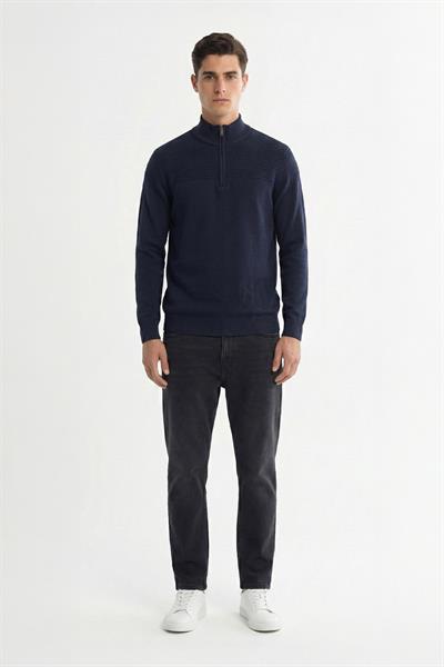Giotelli Erkek Lacivert Normal Kesim Regular Fit Yünlü Jakarlı Fermuarlı Balıkçı YakaTriko Kazak