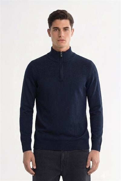 Giotelli Erkek Lacivert Normal Kesim Regular Fit Yünlü Jakarlı Fermuarlı Balıkçı YakaTriko Kazak