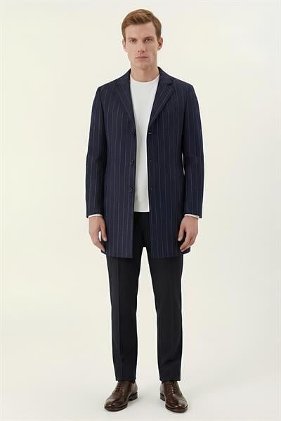 Giotelli Lacivert Regular Fit Yün Karışımlı Mono Yaka Çizgili Kaşe Kaban