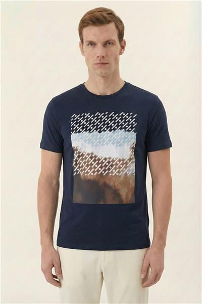 Giotelli Lacivert Slim Fit %100 Pamuk Baskılı Bisiklet Yaka Erkek Tişört