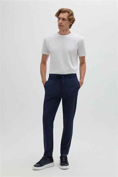Lacivert Slim Fit Bel Bağcıklı Paraşüt Pantolon