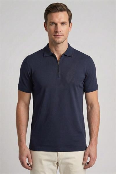 Giotelli Erkek Lacivert Normal Kesim Regular Fit %100 Pamuklu Armürlü Polo Yaka Tişört