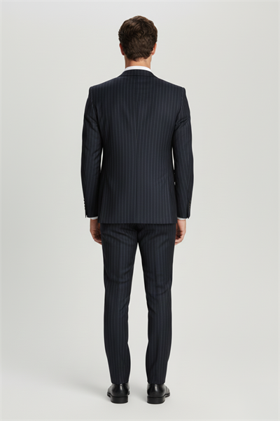 Giotelli Lacivert Slim Fit Çizgili Mono Yaka Yelekli Takım Elbise