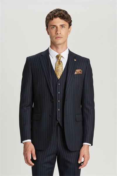 Giotelli Lacivert Slim Fit Çizgili Mono Yaka Yelekli Takım Elbise