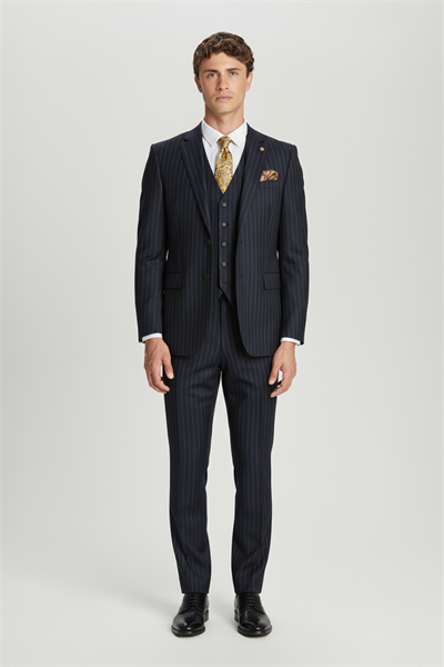 Giotelli Lacivert Slim Fit Çizgili Mono Yaka Yelekli Takım Elbise