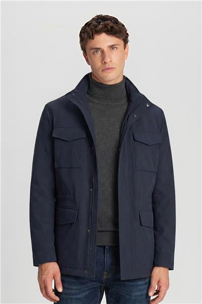 Lacivert Slim Fit Dik Yaka Cepli Erkek Mont