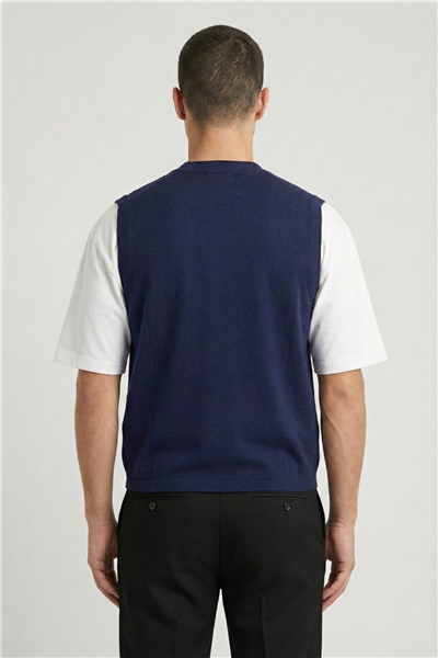 Giotelli Erkek Lacivert Normal Kesim Regular Fit Yünlü Dokuma Düğmeli Triko V Yaka Süveter