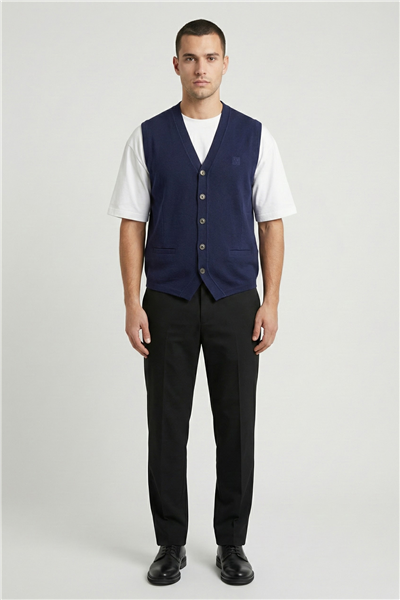 Giotelli Erkek Lacivert Normal Kesim Regular Fit Yünlü Dokuma Düğmeli Triko V Yaka Süveter