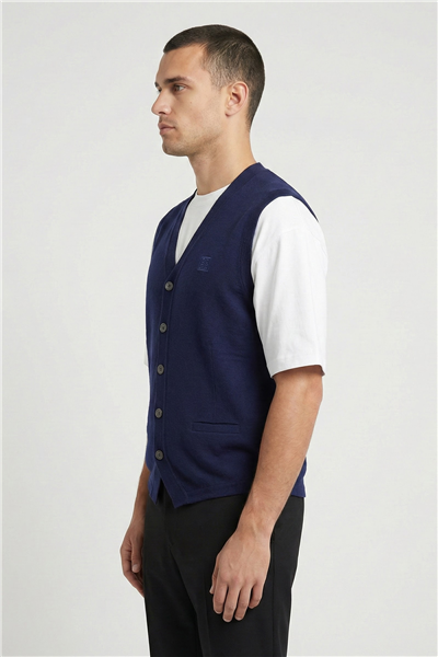 Giotelli Erkek Lacivert Normal Kesim Regular Fit Yünlü Dokuma Düğmeli Triko V Yaka Süveter