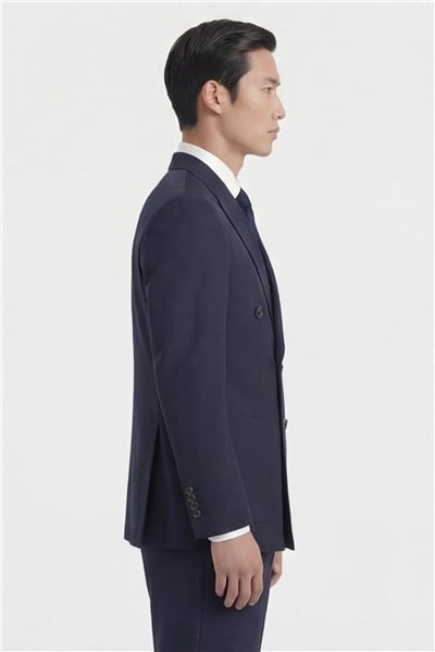 Erkek Lacivert Dar Kesim Slim Fit Yünlü Sivri Yaka Klasik Paça Tam Astarlı 6 Drop Klasik Takım Elbise