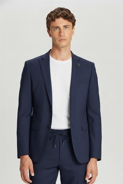 Erkek Lacivert Dar Kesim Slim Fit Yünlü Sivri Yaka Tam Astarlı Düğmeli Kordonlu Lastikli Bel Casual 4 Drop Takım Elbise