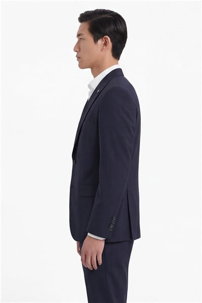 Erkek Lacivert Dar Kesim Slim Fit Yünlü Çizgili Sivri Yaka Klasik Paça Tam Astarlı 6 Drop Takım Elbise