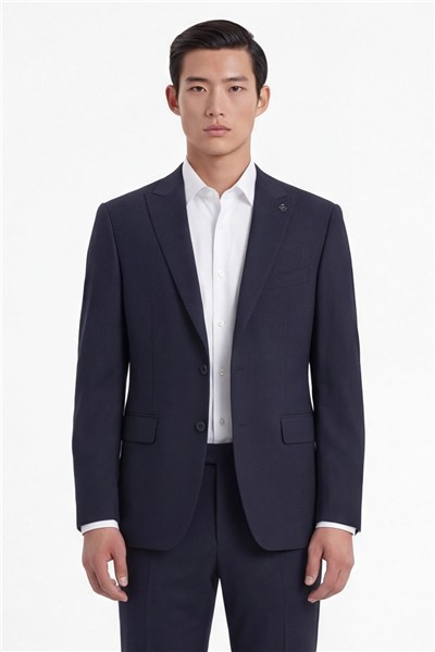 Erkek Lacivert Dar Kesim Slim Fit Yünlü Çizgili Sivri Yaka Klasik Paça Tam Astarlı 6 Drop Takım Elbise