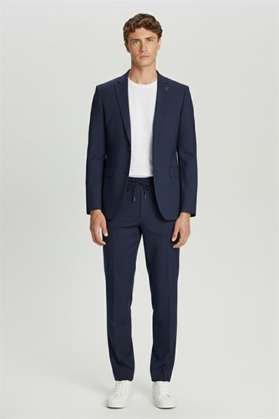 Erkek Lacivert Dar Kesim Slim Fit Yünlü Sivri Yaka Tam Astarlı Düğmeli Kordonlu Lastikli Bel Casual 4 Drop Takım Elbise