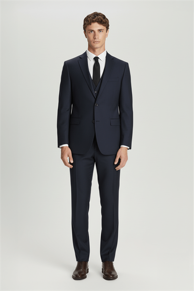 Lacivert Regular Fit Yünlü Mono Yaka Yelekli Takım Elbise