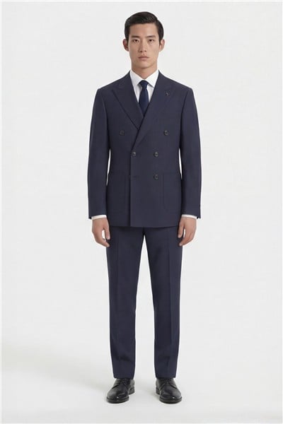Erkek Lacivert Dar Kesim Slim Fit Yünlü Sivri Yaka Klasik Paça Tam Astarlı 6 Drop Klasik Takım Elbise