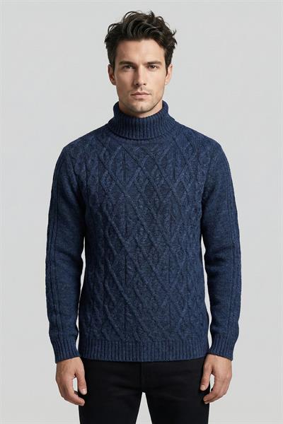 Lacivert Regular Fit Yünlü Desenli Tam Balıkçı Yaka Triko Kazak