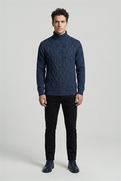 Lacivert Regular Fit Yünlü Desenli Tam Balıkçı Yaka Triko Kazak