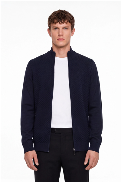 Erkek Lacivert Dar Kesim Slim Fit Yünlü Fermuarlı Dik Yaka Triko Hırka