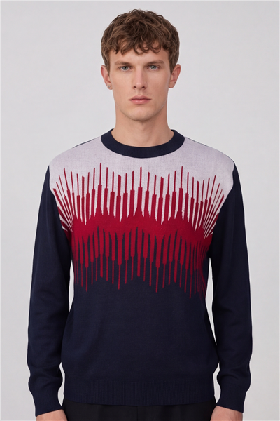 Erkek Lacivert Normal Kesim Regular Fit Yünlü Dokuma Triko Kazak