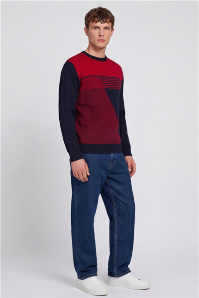 Erkek Lacivert Normal Kesim Regular Fit Yünlü Desenli Bisiklet Yaka Triko Kazak