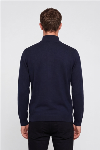 Erkek Lacivert Dar Kesim Slim Fit Yünlü Fermuarlı Dik Yaka Triko Hırka